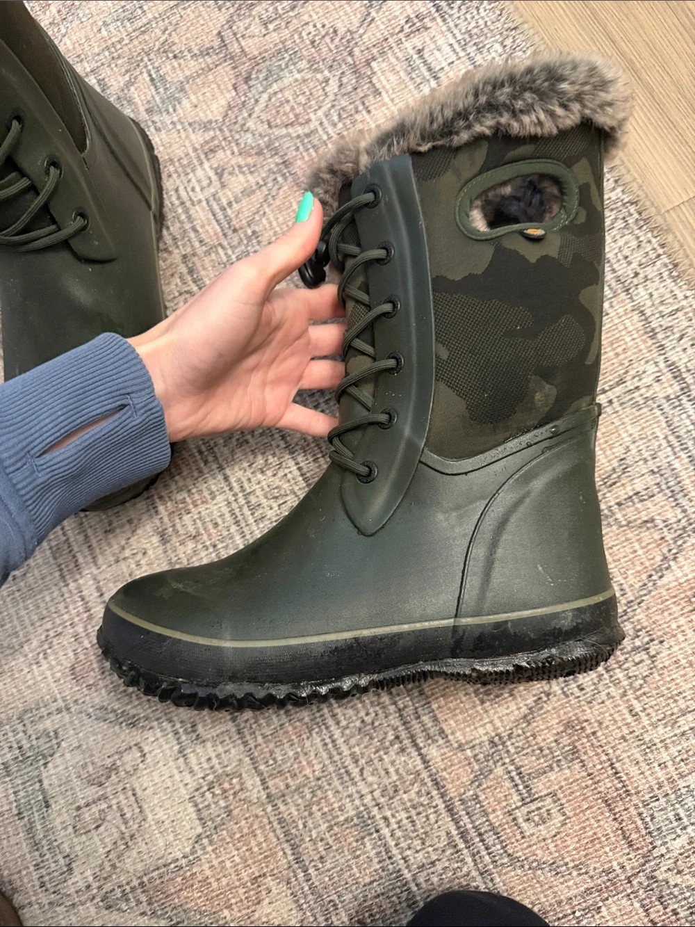 Bogs Kids Olive Green Fur-Trim Lace-Up Winter Boots